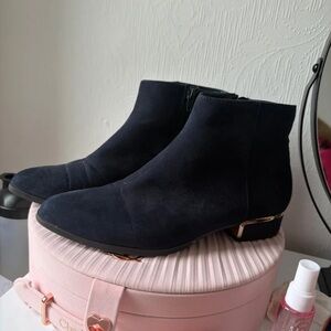 Zara Navy Suede Ankle Booties with Gold Heel Trim